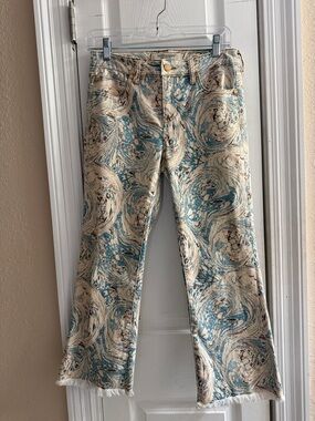 Liverpool Size 4/27 Swirl Print Flare Cropped Jeans in Cream, Blue & Brown